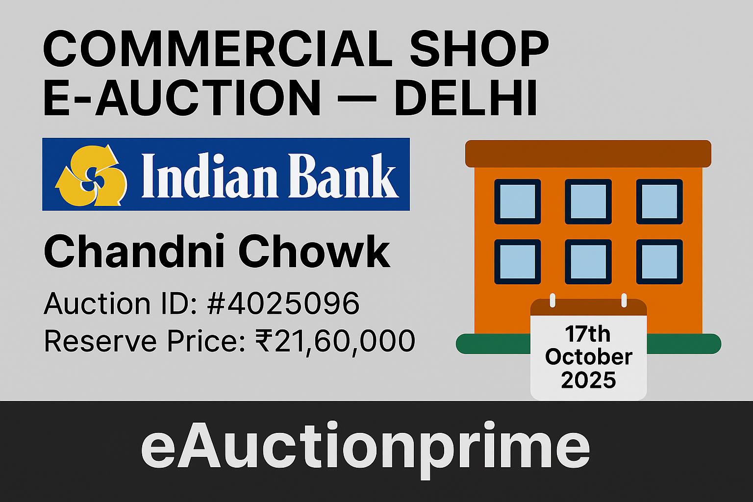 Indian Bank | eAuctionprime | 17-10-2025 11:00 AM | eAuction Commercial Shop in Chandni Chowk | New Delhi Indian Bank | eAuctionprime | 17-10-2025 11:00 AM | eAuction Commercial Shop in Chandni Chowk | New Delhi