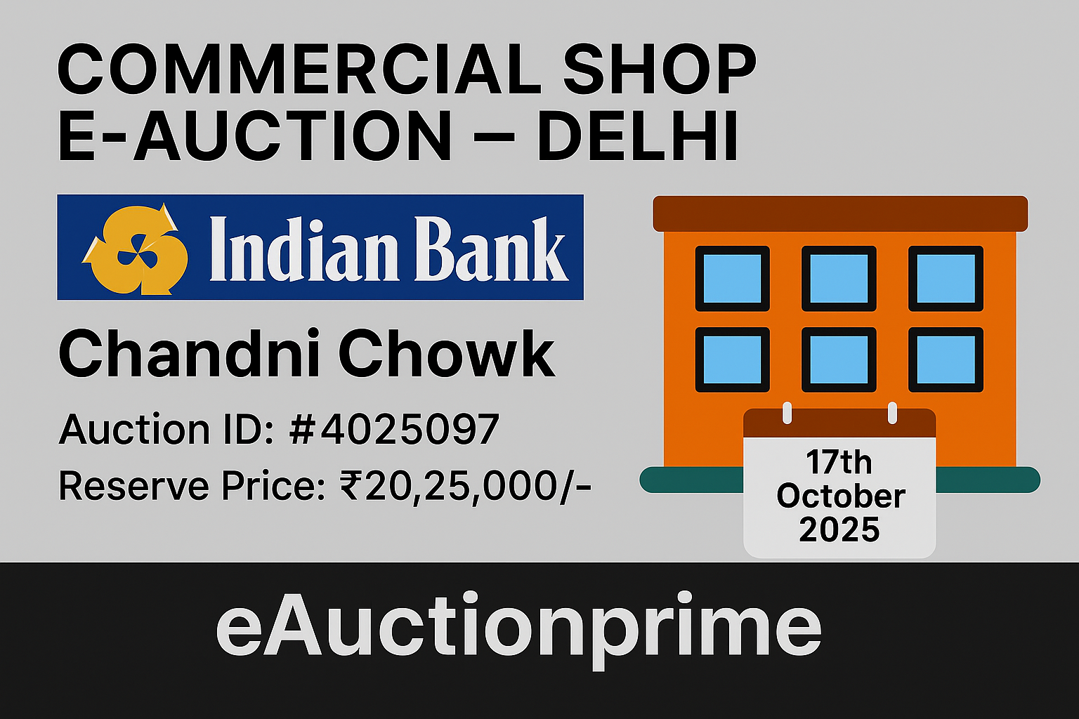 Indian Bank | eAuctionprime | 17-10-2025 11:00 AM | eAuction Commercial Shop in Chandni Chowk | Delhi Indian Bank | eAuctionprime | 17-10-2025 11:00 AM | eAuction Commercial Shop in Chandni Chowk | Delhi